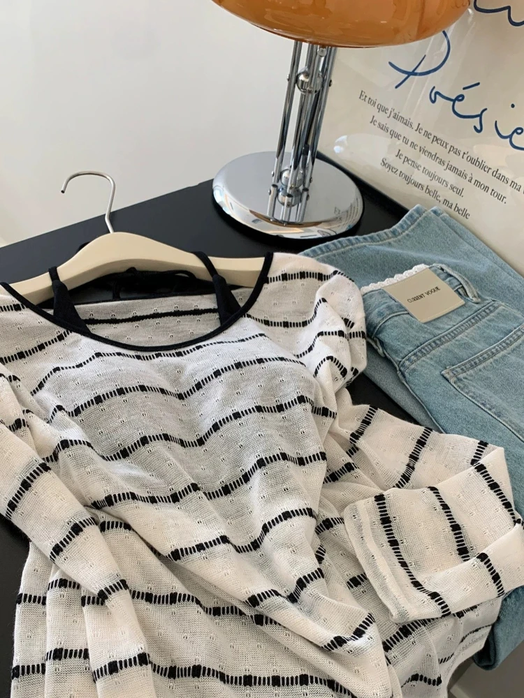 Y2k Long Sleeve T-Shirt Outerwear Strip Layered Match + Solid Cami Top Inner Two-Piece Set Women Casual Thin Blouse 2026