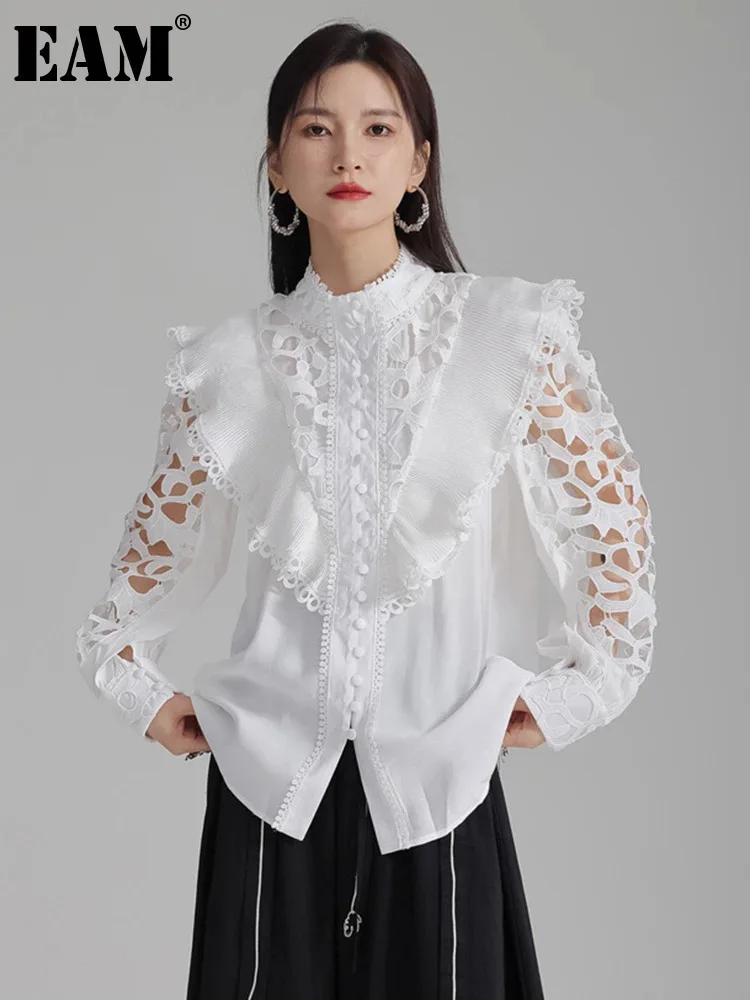 [EAM] Women White Hollow Out Embroidery Vintage Blouse New Stand Collar Long Sleeve Shirt Fashion Spring Autumn 2024 1DH3997