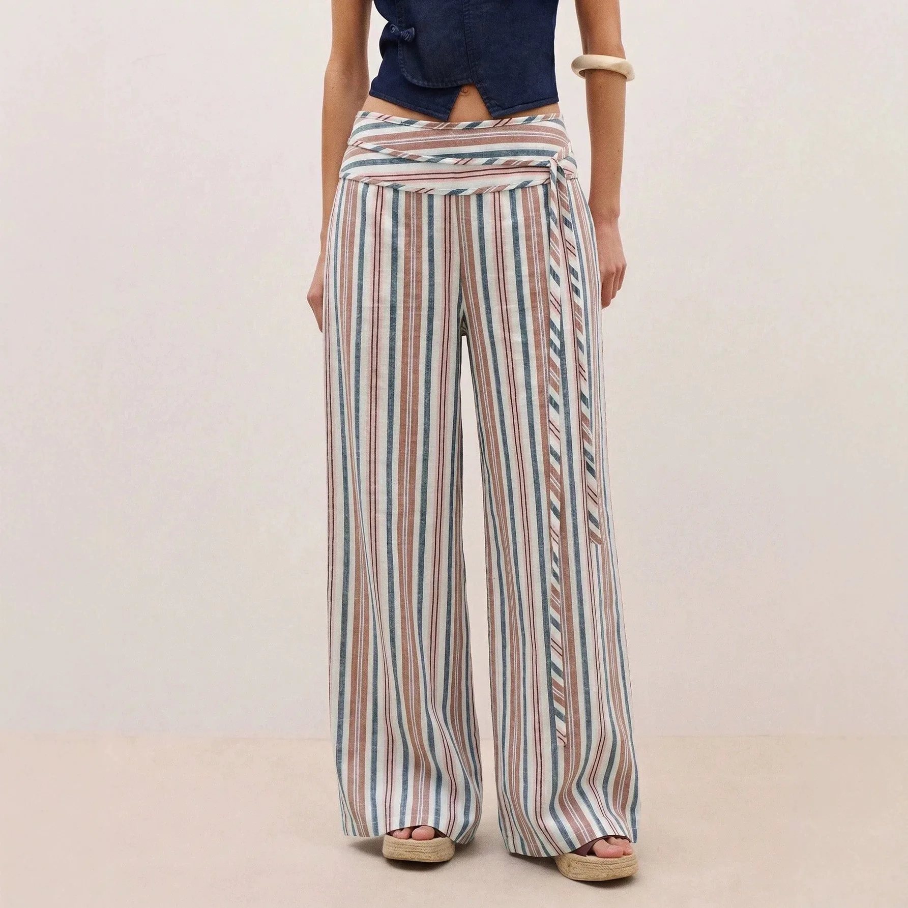 Casual Pants With High Waist Flip Waist Tie Up Loose And Wide Legs Floor Length Pants Women Pantalones Pantaloni Donna Estivi