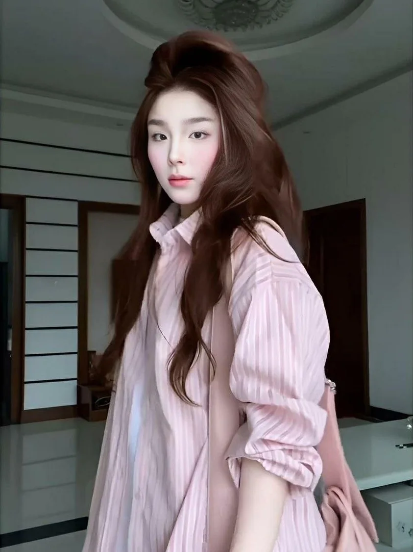 

Sweet Pink Striped Neck Long Sleeve Loose Women's Shirt Spring New Style Versatile Student Outerwear Casual Business