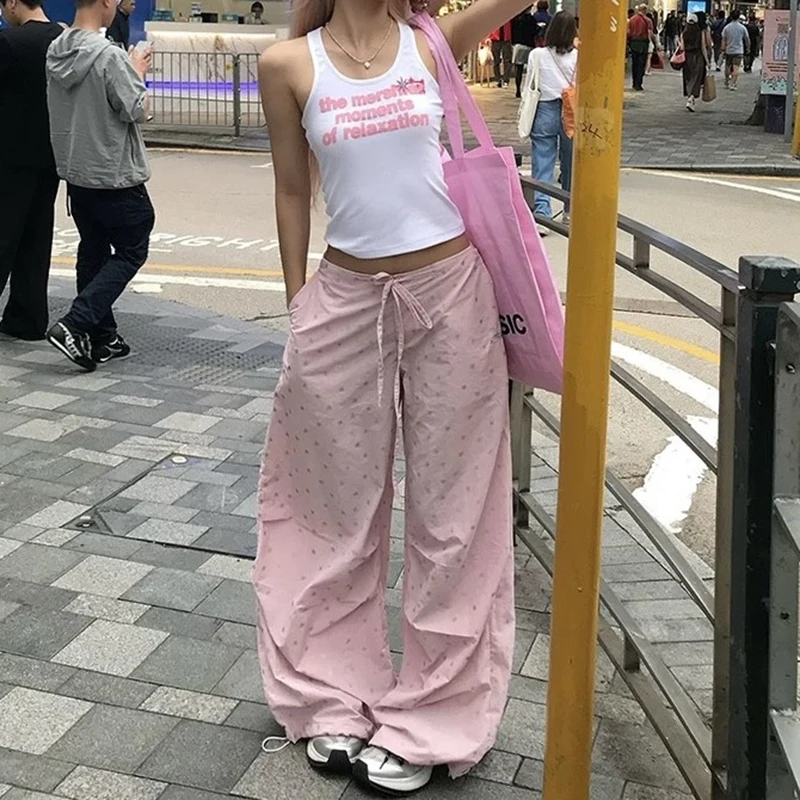 Y2K ピンクカーゴパンツ女性ストリートスタープリントだぶだぶのスウェットパンツギャル原宿ワイドレッグジョガー夏のファッションカジュアルズボン