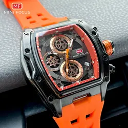 MINI FOCUS Military Sport Quartz Watch Men Orange Silicone Strap Waterproof Chronograph Wristwatch with Date Luminous Hands 0473