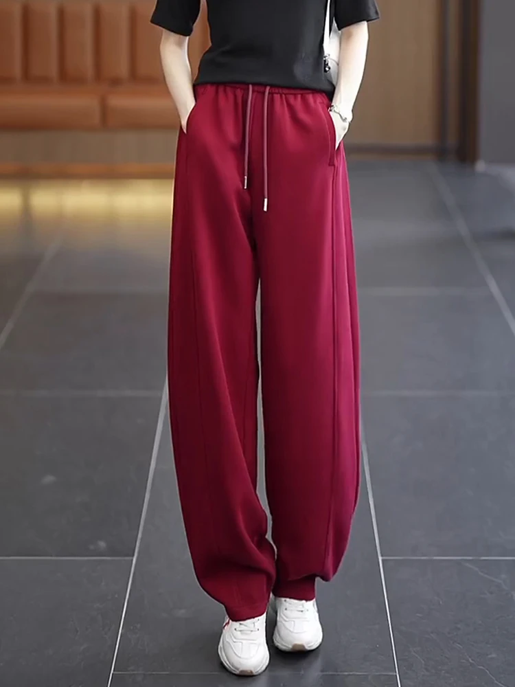 

Женские спортивные брюки с высокой талией, широкими штанинами, на флисовой подкладке, повседневные, весна-осень, новый стиль, однотонные, простые и элегантные