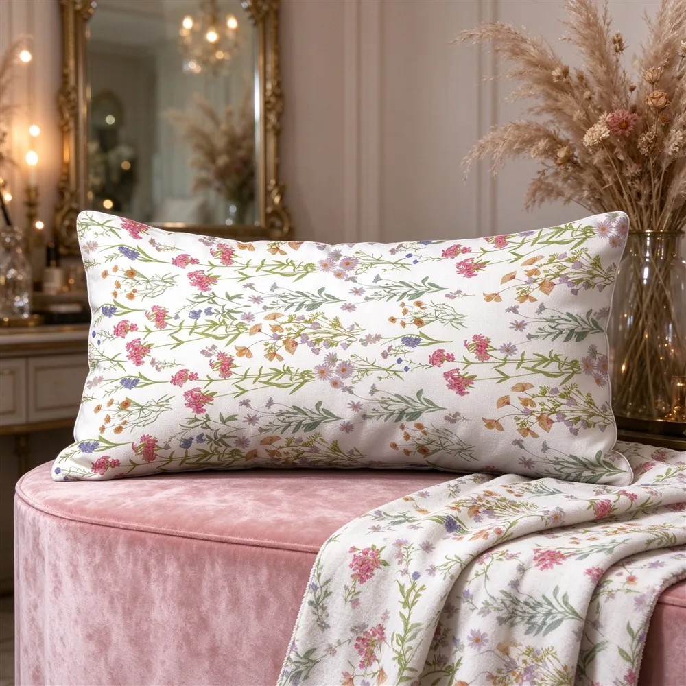 Blush Pink Soft Rose Print Long Pillow Cover, Romantic Style, Boutique Decorative, Polyester, Special Occasion, Versatile