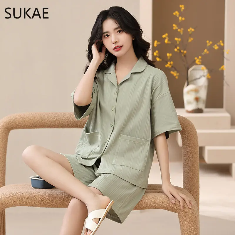 SUKAE Plus ขนาด M-5XL ผู้หญิงชุดนอนกางเกงขาสั้นฤดูร้อน Pijama ผ้าฝ้ายชุดนอนสบายๆชุดนอนคอปกเสื้อ Homesuit