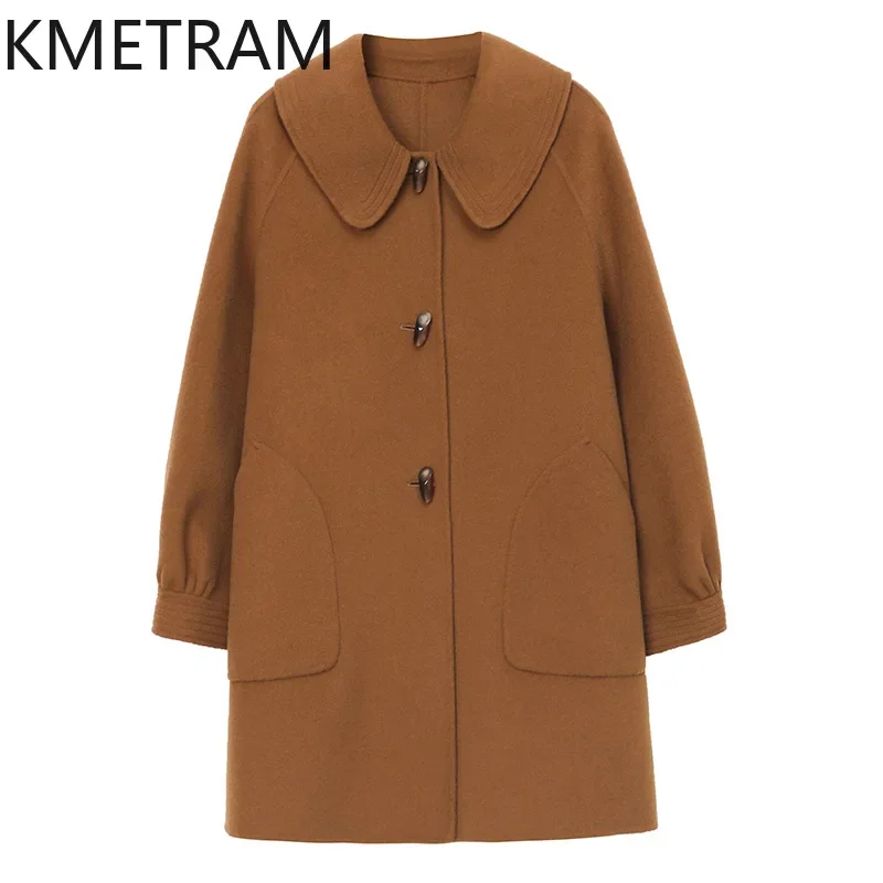 KMETRAM 100% Real Wool Coats for Woman 2024 Autumn Mid Length Coat Women New in Outerwears Casual Womans Clothing Пальто Женское