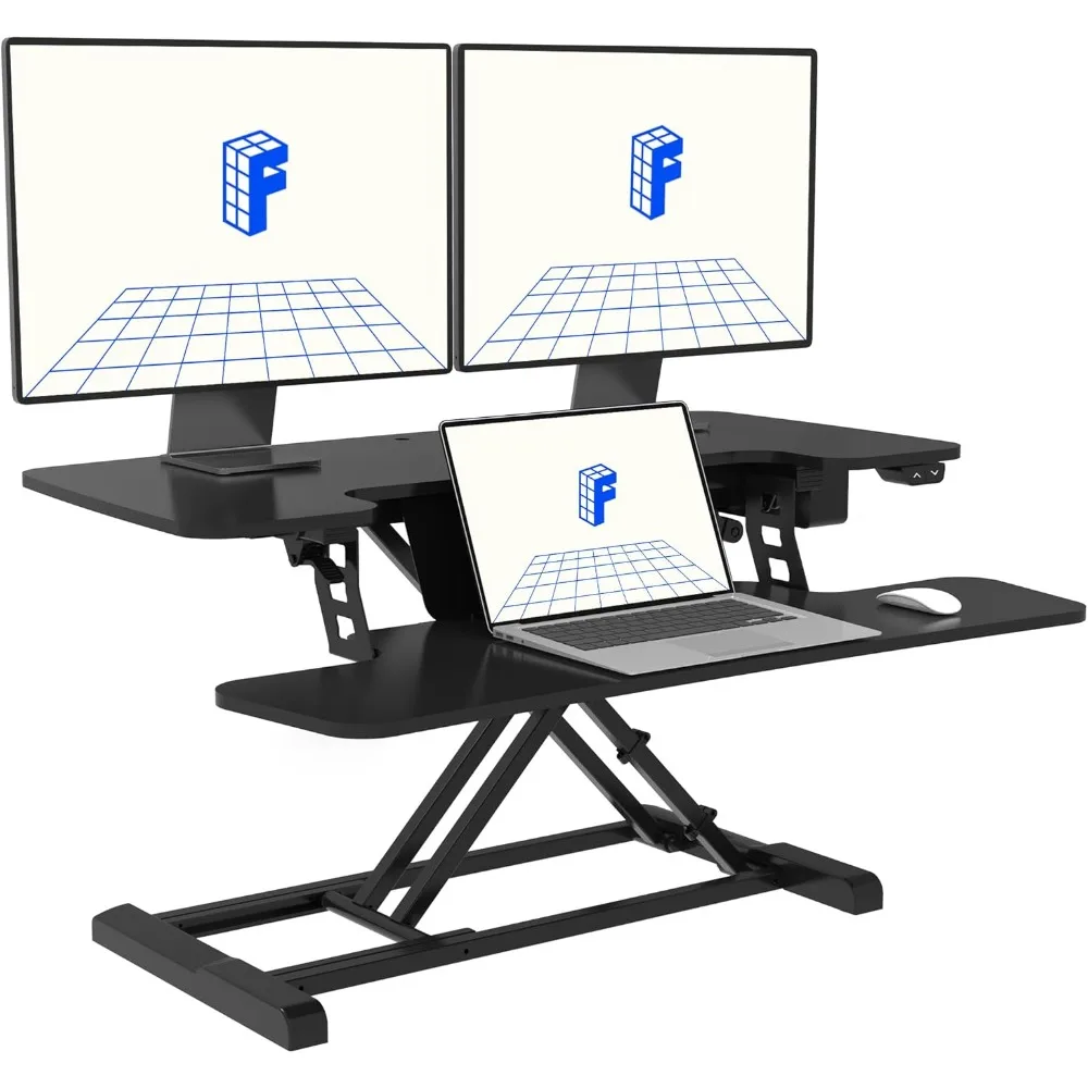 Wide Motorized Stand up Riser for Monitor and Laptop, Black Height Adjustable Workstation for Home Office