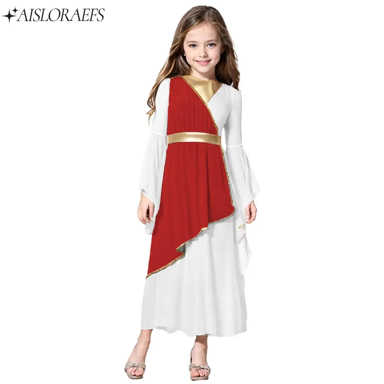 

Girls Halloween Ancient Greek Princess Costume Egypt Princess Cosplay Dress Up Long Sleeve Dress for Carnival Masquerade Party