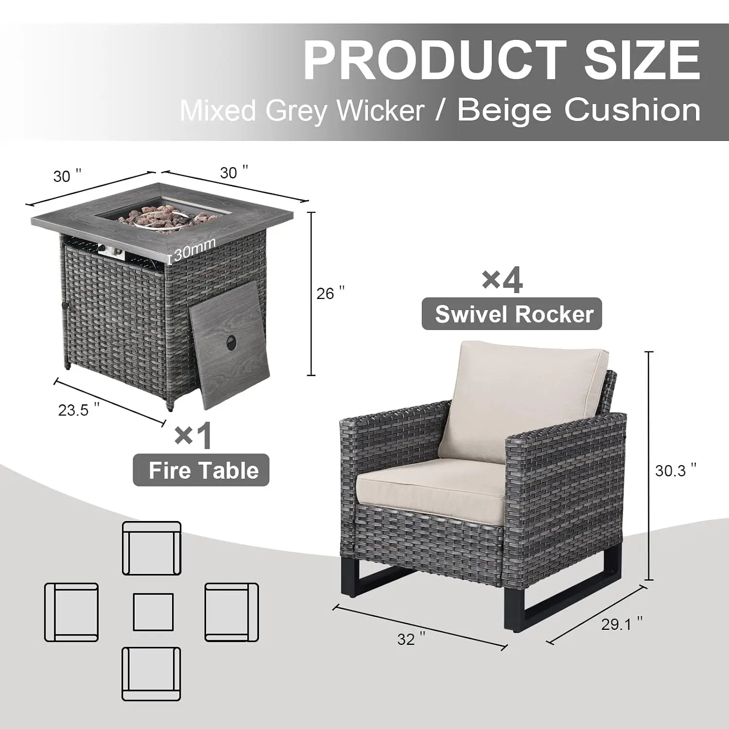 5pc Wicker Patio Set 4 Club Chairs 50000BTU Propane Fire Pit Table All Weather Rattan Anti-Rust Frame Beige Cushion, Customized