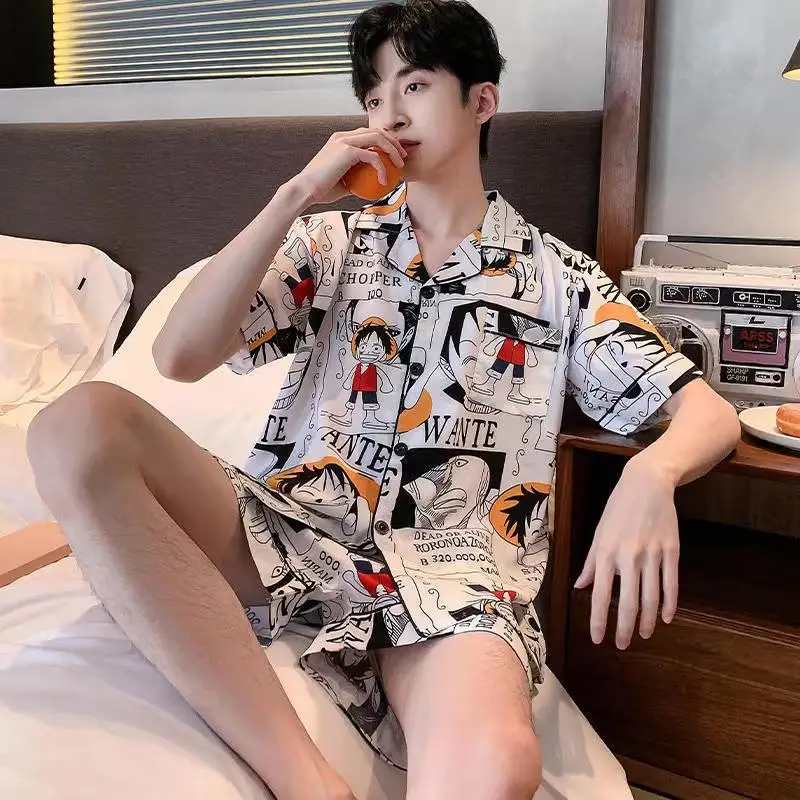 4XL Big Size Pajamas for Men Ice Silk Home Clothes Summer Thin Pyjama for Young Boy Anime Pijamas Japan Sleepwear Party Cozy