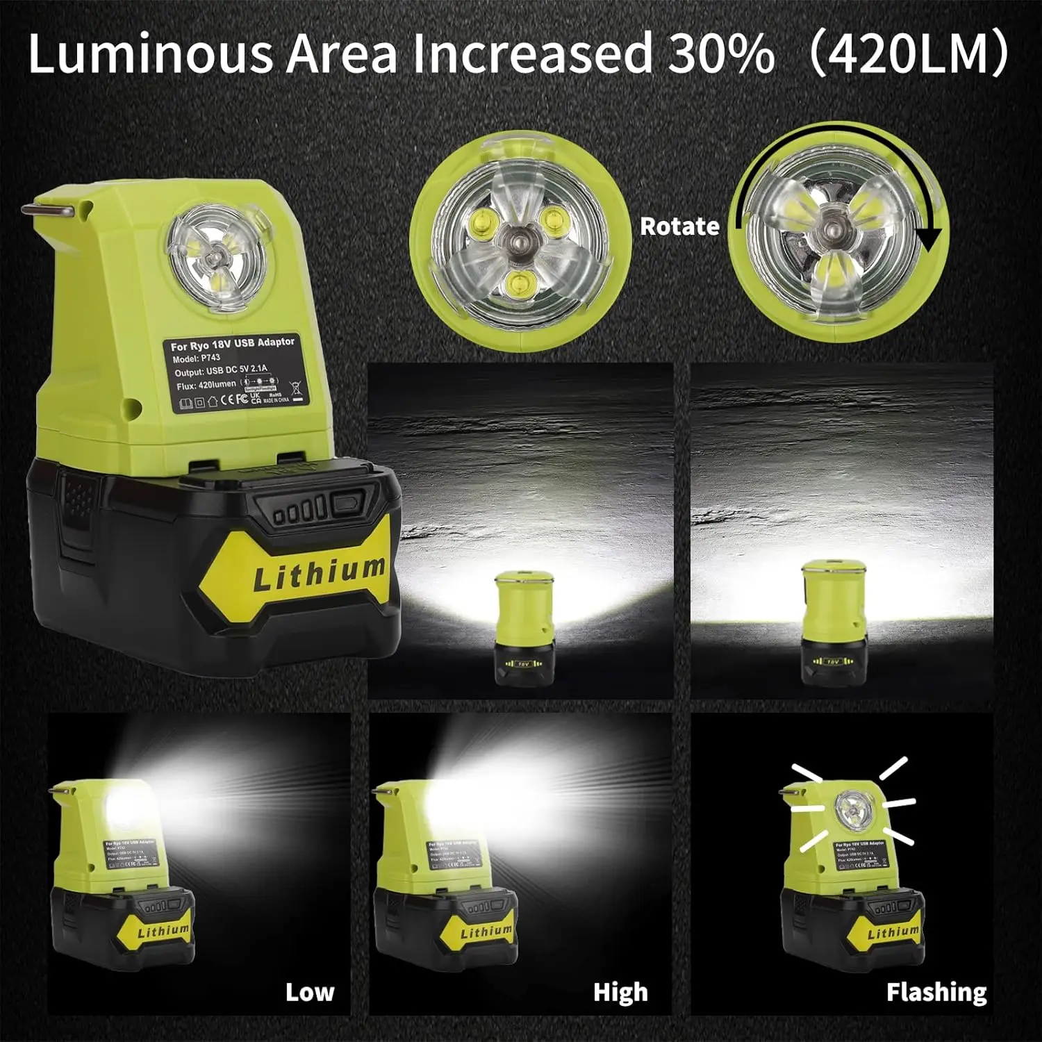 

Portable LED Lantern Light for Ryobi 18v Battery 450lm LED Work Light Powered by Ryobi Battery Dual USB 2.1A Fast Charge 3 Modes