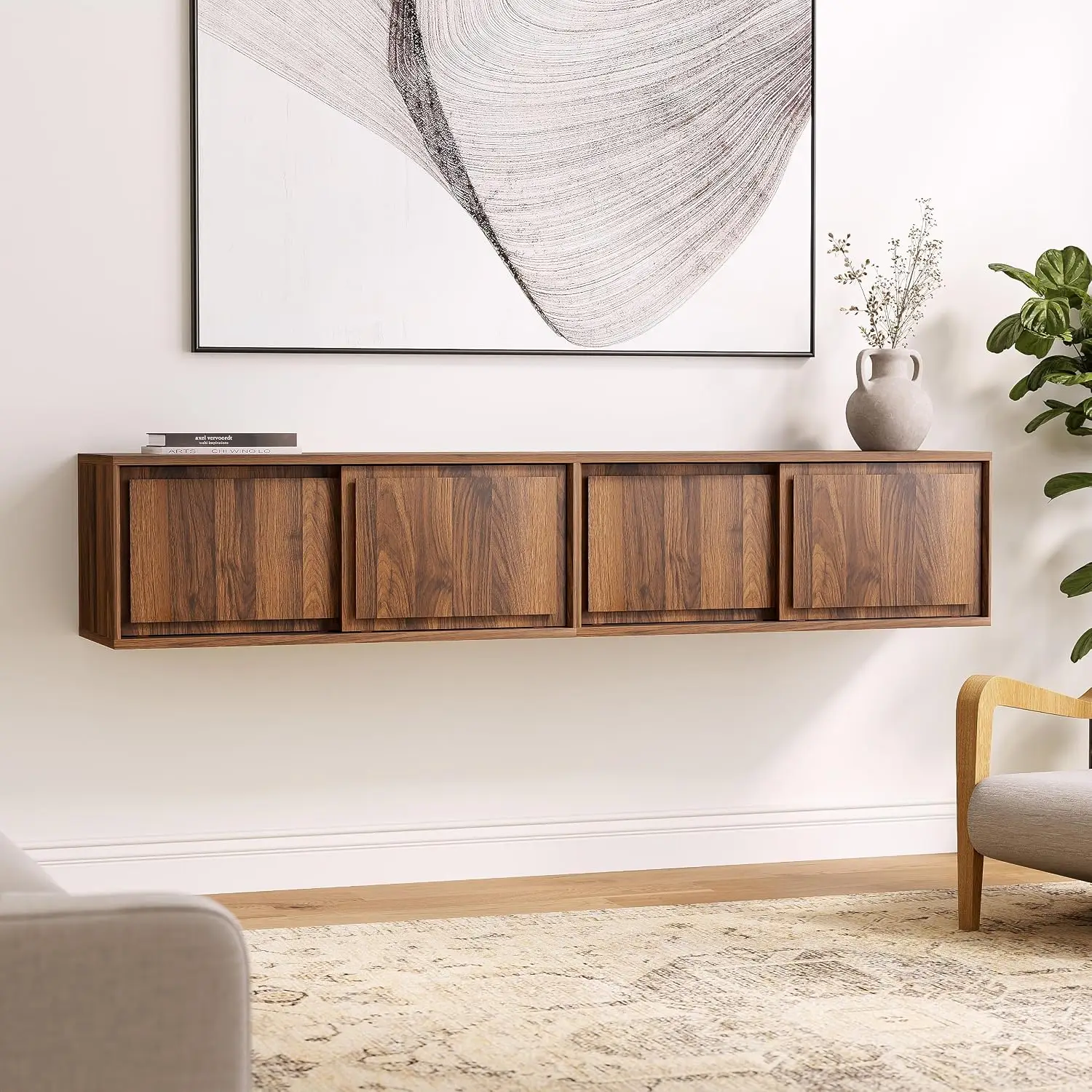 Modern Floating TV Stand & Nightstand Wall Mounted Storage Cabinet with Sliding Doors for Living Room Bedroom, Brown, Customized