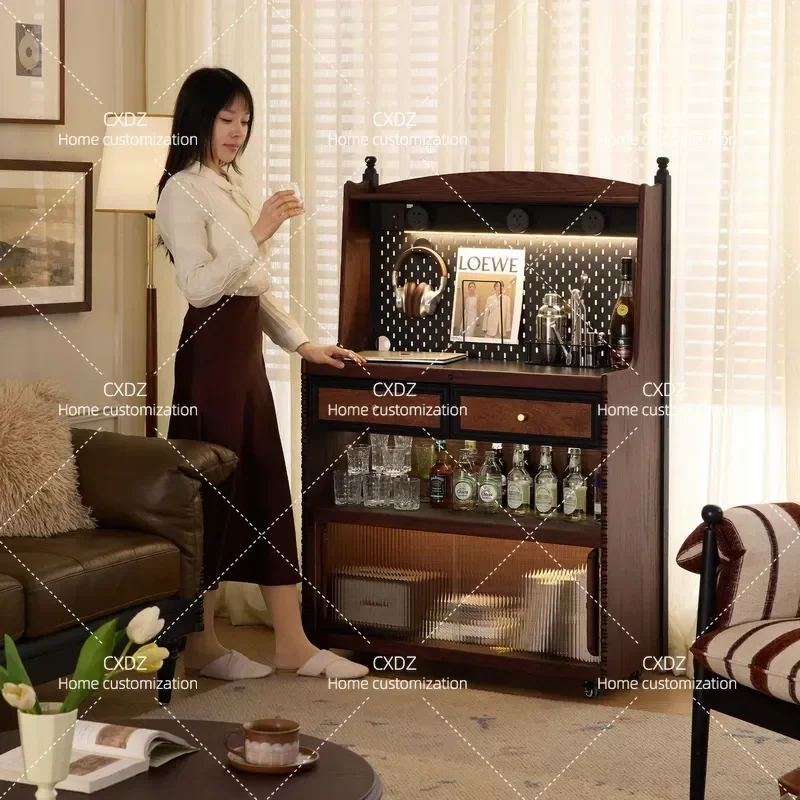 Retro Solid Wood Side Cabinet with Wheels Mobile Storage Locker for Restaurant Wine Coffee Cupboard Home Organization