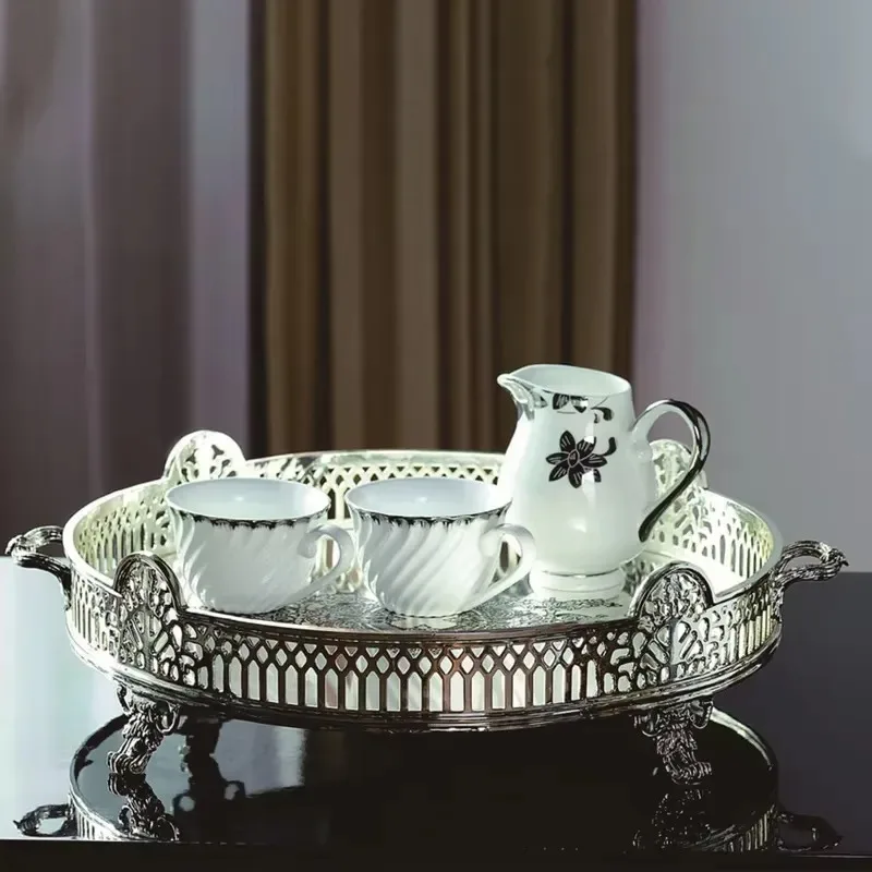 Round Brass Serving Tray with Dragon Pattern Large Fruit Plate for Home Decoration