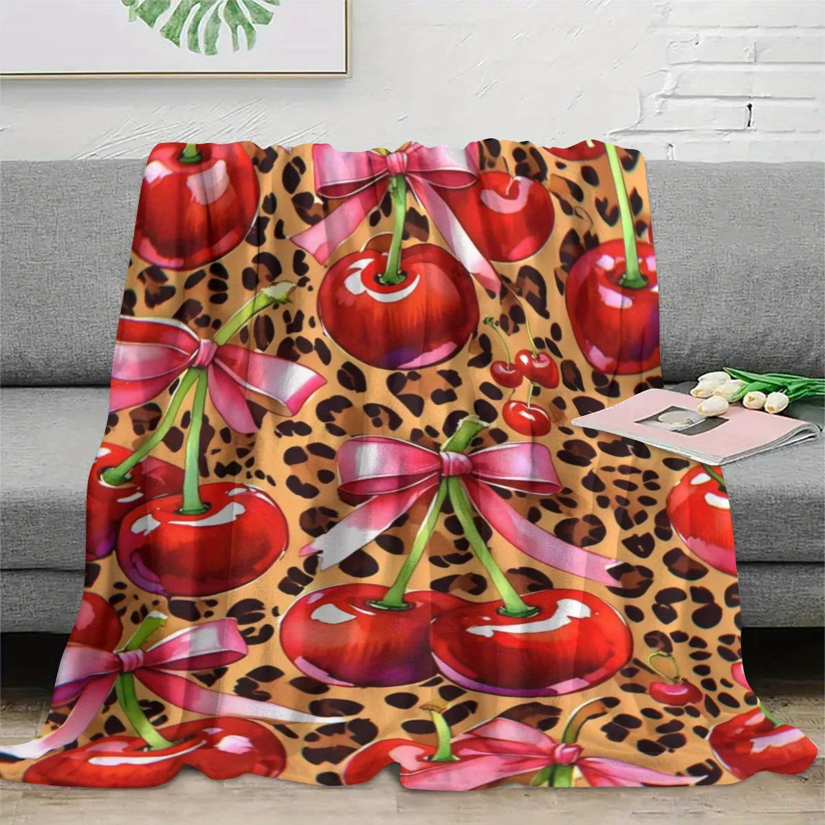 Cute Glossy Cherry With Pink Ribbon Leopard Background Pattern Flannel Blanket Cozy Plush Bedspread Portable Travel Blanket