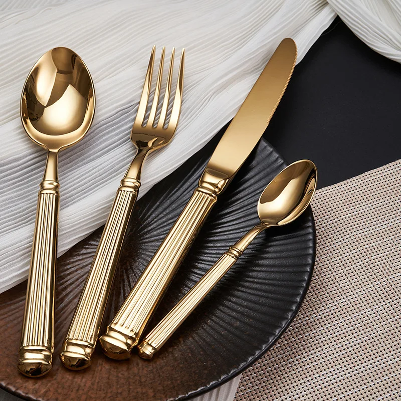 16 Pcs Gold Sliver Tableware Set Roman European Style Stainless Steel Cutlery Elegant Dinnerware Vintage Knife Spoon Fork Set