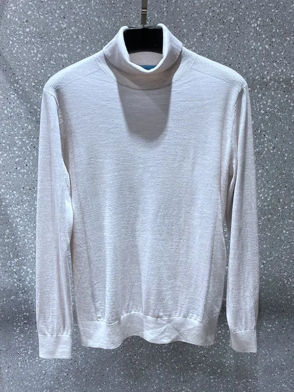 

Мужской вязаный шерстяной свитер на осень-зиму с высоким воротником, двойным отворотом, модный, приталенный, теплый, универсальный, белый шерстяной топ