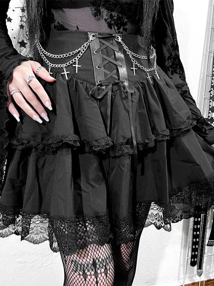 AltGoth Halloween Dark Gothic Skirt Women Vintage Streetwear Y2k Cyberpunk Chain Cross Lace-up Corset Skirt Harajuku Cake Skirt