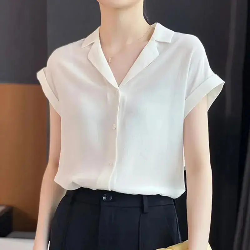 High Quality Elegant Simple Office Lady Commute Top Blouse Women Summer Fashion V Neck Short Sleeve Solid Loose Button Up Shirts