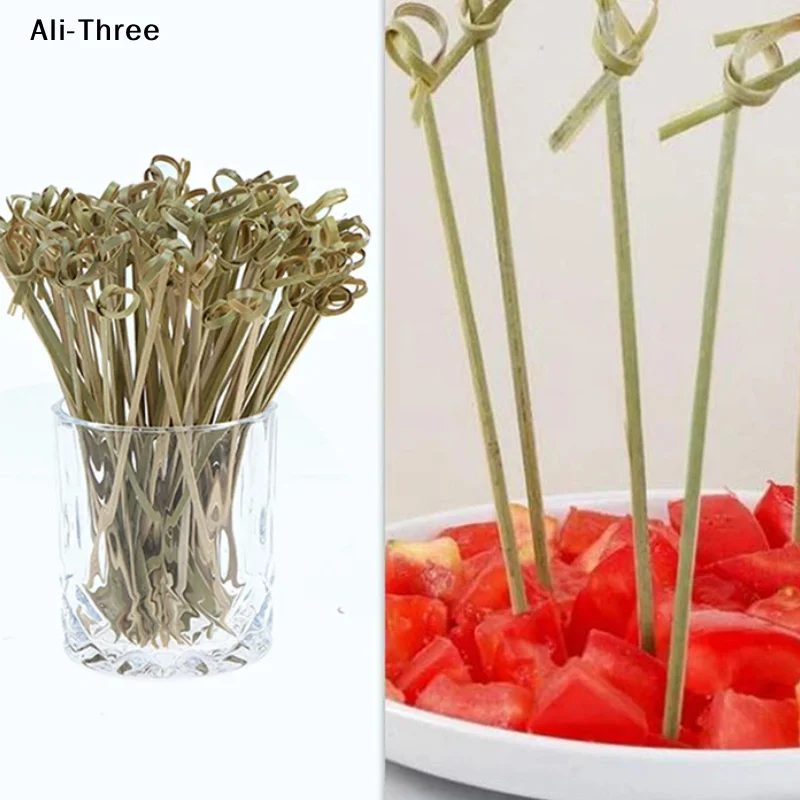 100Pcs Disposable Bamboo Tie Knotted Skewers Twisted Ends Cocktail Food Fruit Picks Fork Sticks Buffet Cupcake Topper