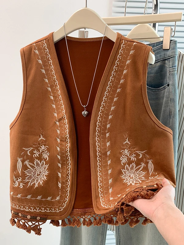 Embroidery Cardigan - Retro Heavy Embroidery Fringe Sleeveless Vest