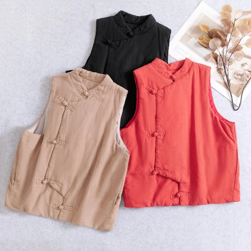 

Женский хлопковый жилет Thiened, новинка зимы 2025, воротник-стойка, этнический жилет, пуговицы ручной работы, хлопок и лен, ретро...