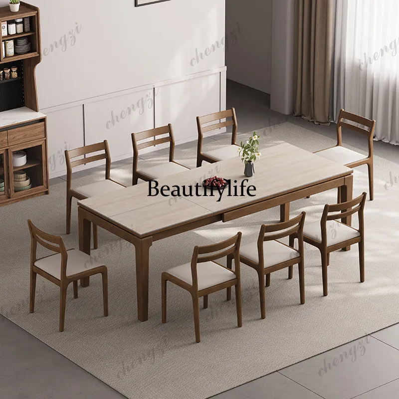 

Travertine rock slab retractable dining table multifunctional invisible foldable table small apartment modern home