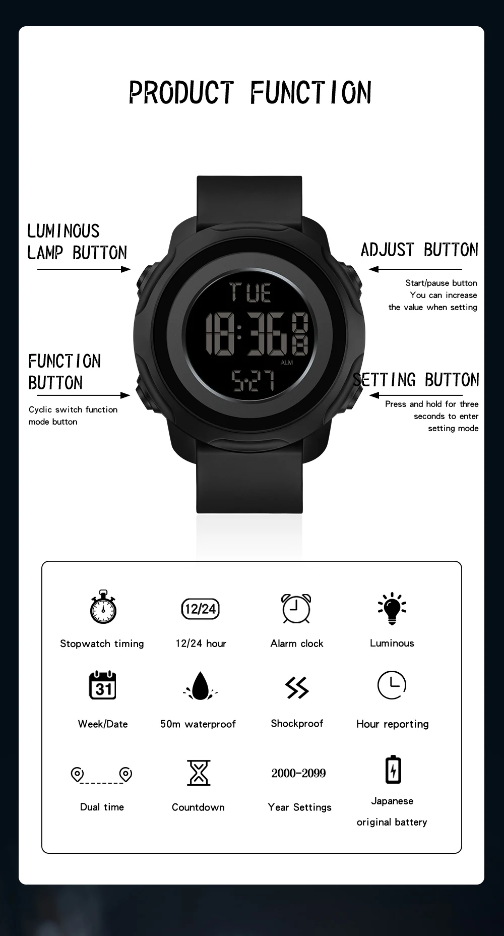 Marka SANDA nowy wodoodporny zegarek męski moda wielofunkcyjny Luminous cyfrowy zegarek na zewnątrz sport zegarki studenckie 6122