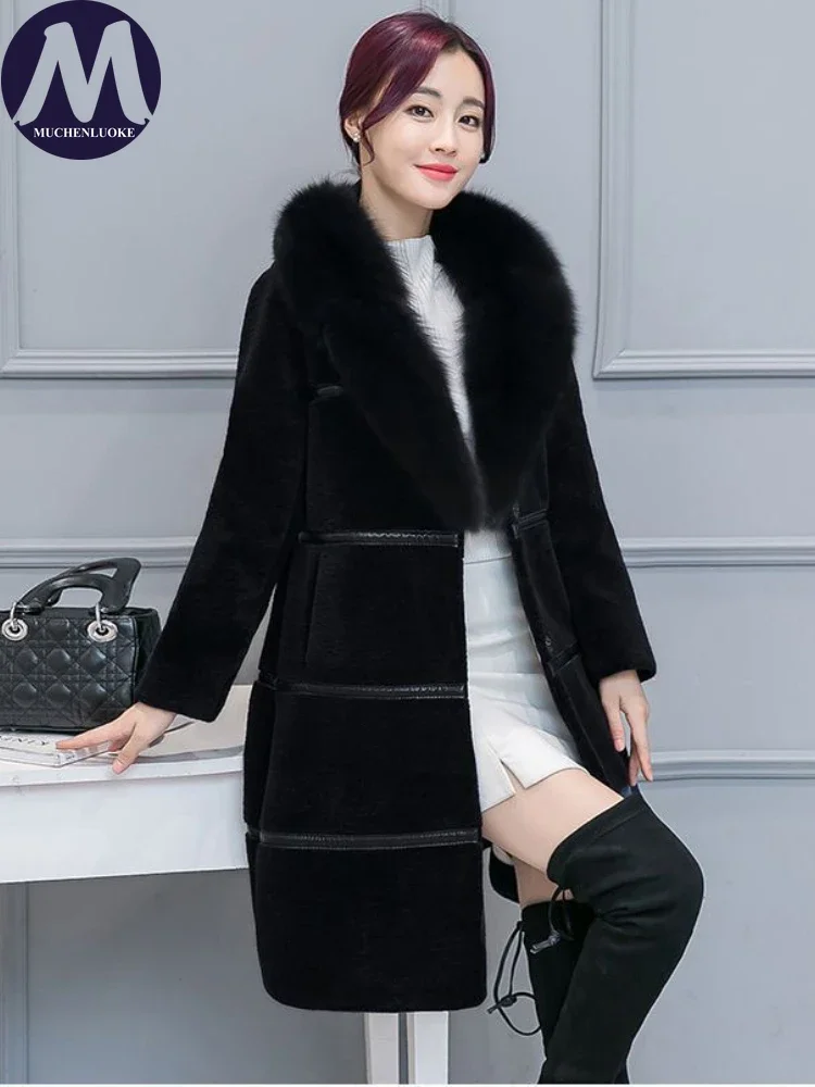 Women\'s Elegant Imitation Fox Hair Collar Warm Fur Coat Korean Fashion Slim Fit Artificial Plush Coats Autumn Winter New