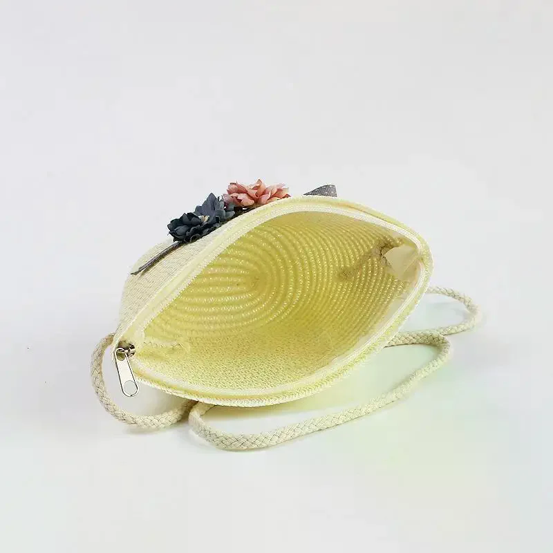Handmade Woven Girl Flower Straw Bag Coin Purse Zipper Kid Messenger Bags Photo Props Storage Basket Crossbody Handbag