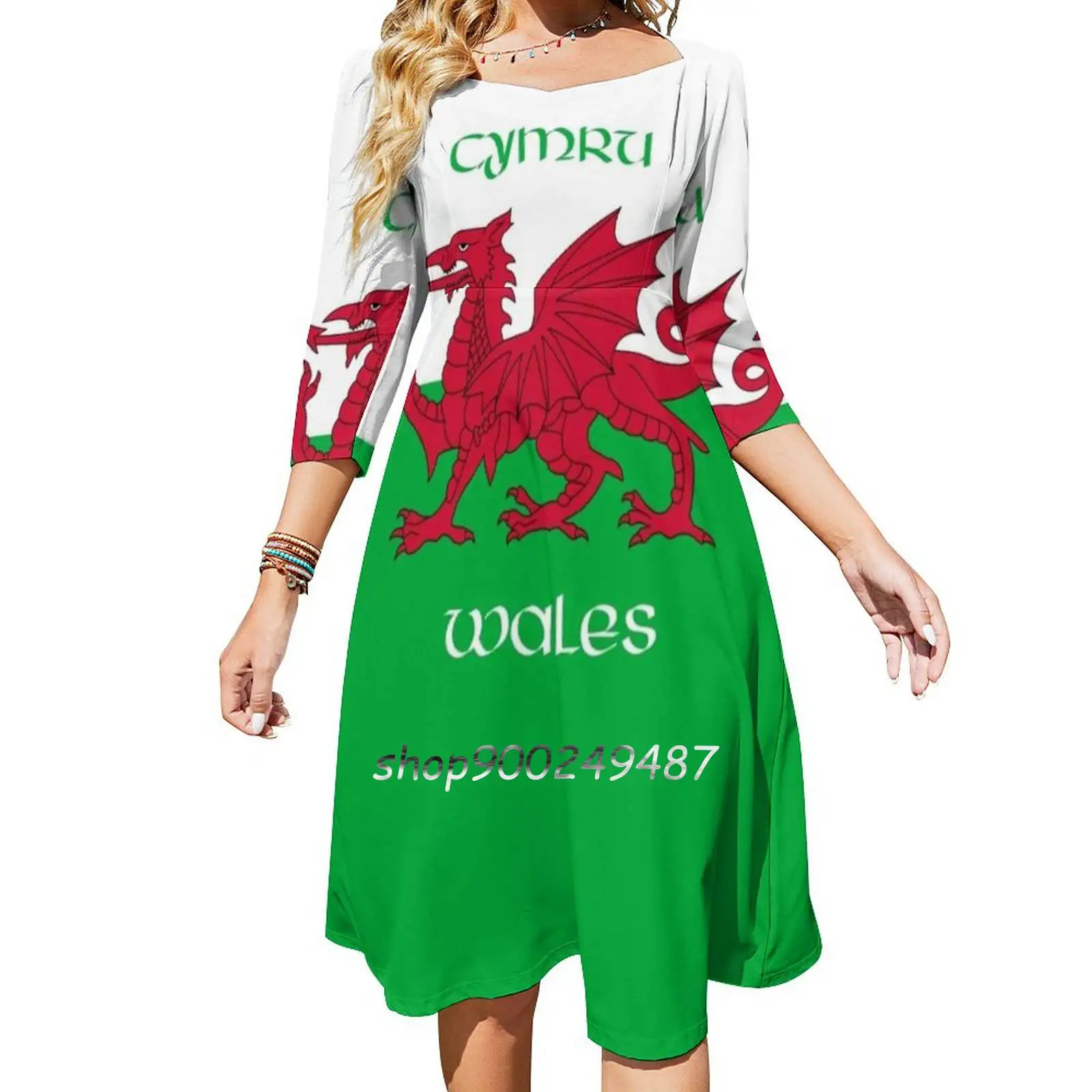 Cymru / Wales-The Welsh Dragon Flag Square Neck Dress New Plus Size Elegant Women Waist Tight Dress Wales Welsh Flag Cymru