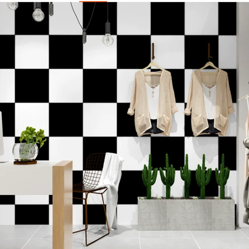 

Black and white grid self-adhesive wallpaper for clothing hairdressin hair salon wall stickers special moisture-proof wallpaper