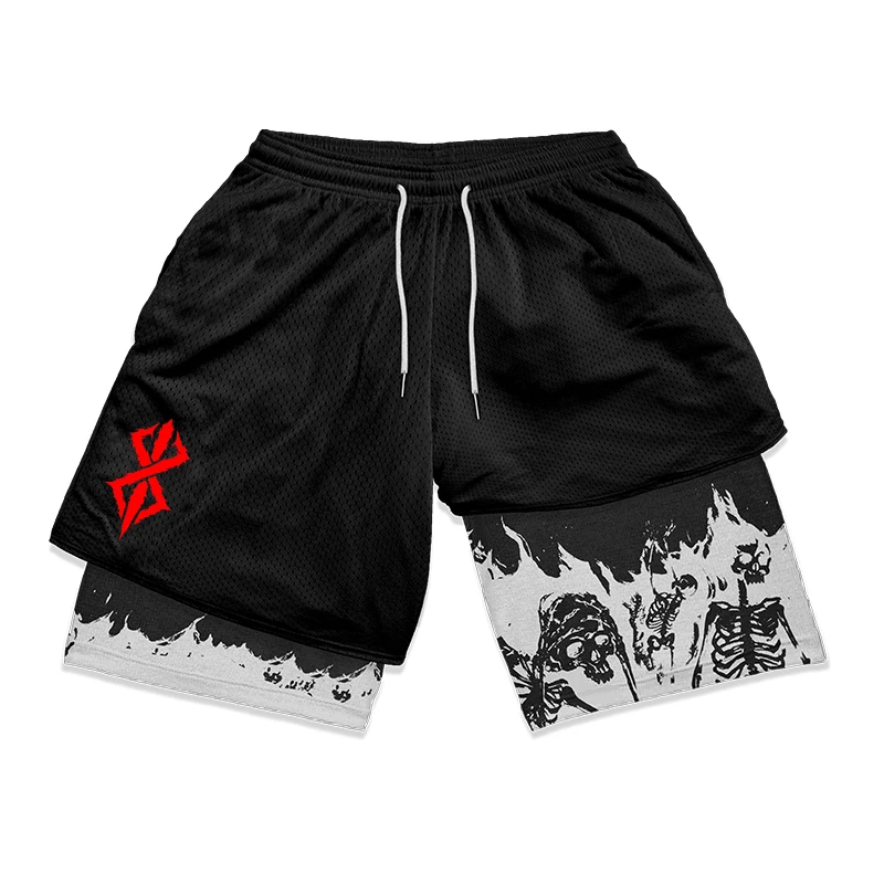 Berserk Skull Print 2 in 1 Running Workout Shorts for Men Gym Athletic Quick Dry Stretch Shorts with Pockets Summer Activewear