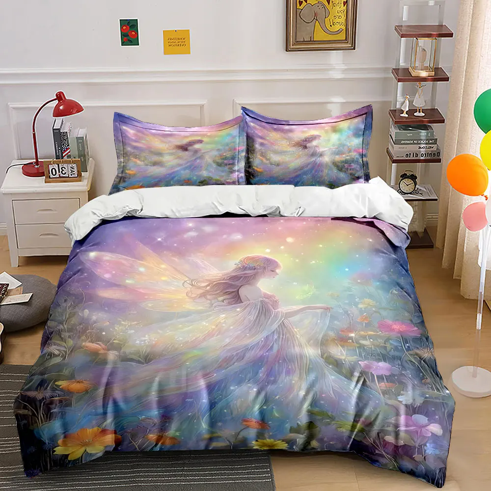 Dreamy fairy with colorful wings Print Bedding Set 1 Duvet Cover 2 Pillowcases for Adult and Children Luxury Gift Full Size