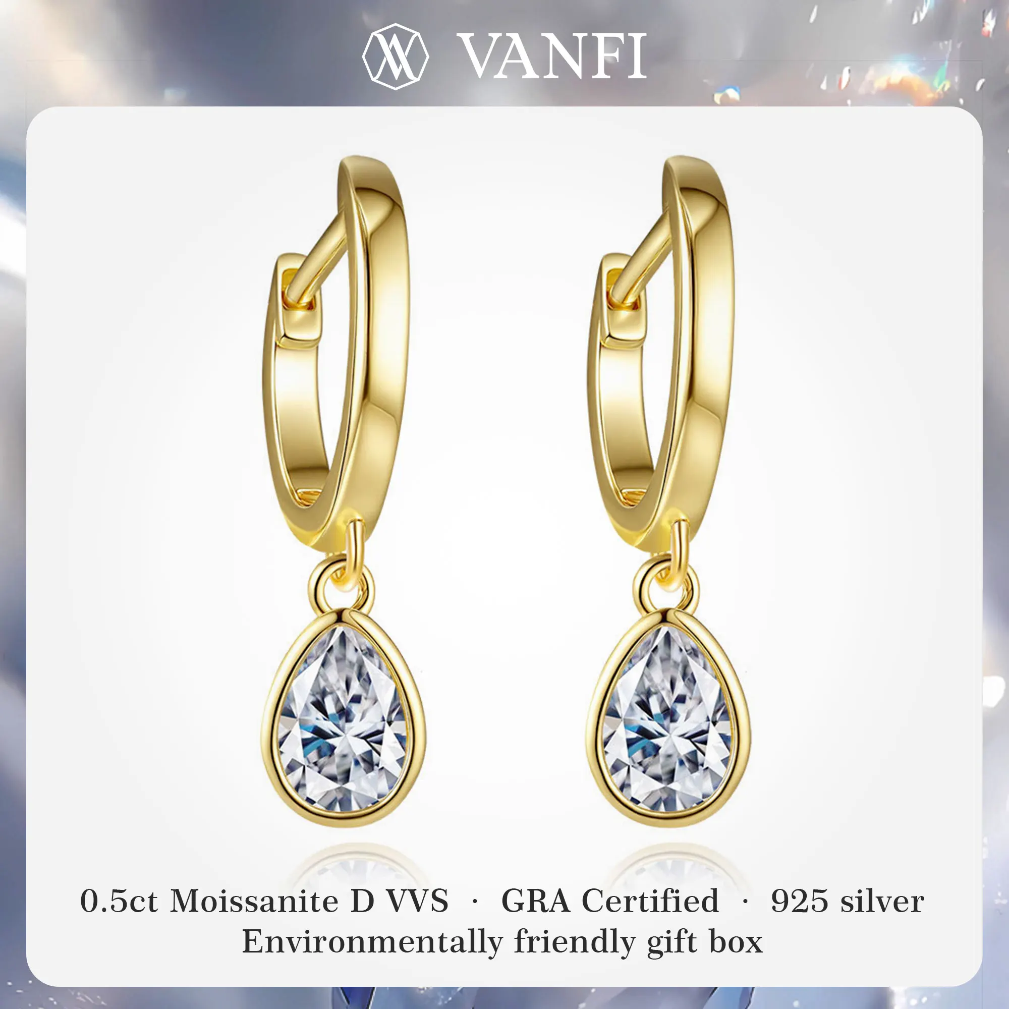 

KFVANFI Certified Moissanite VVS1 Drop Earrings for Women 925 Silver 18K Gold Plated Luxury Hoop Earrings Party Dangle Jewelry