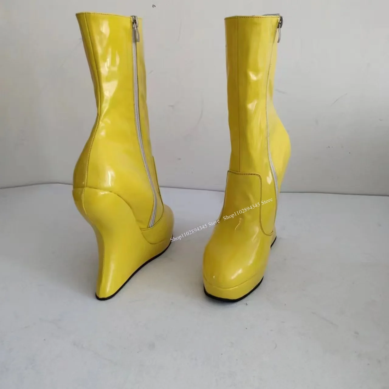 Yellow Mid Calf Zipper Boots Round Toe Strange Style Heel Fashion Sexy Cool 2024 Winter Big Size Woman Shoes Zapatillas Mujer