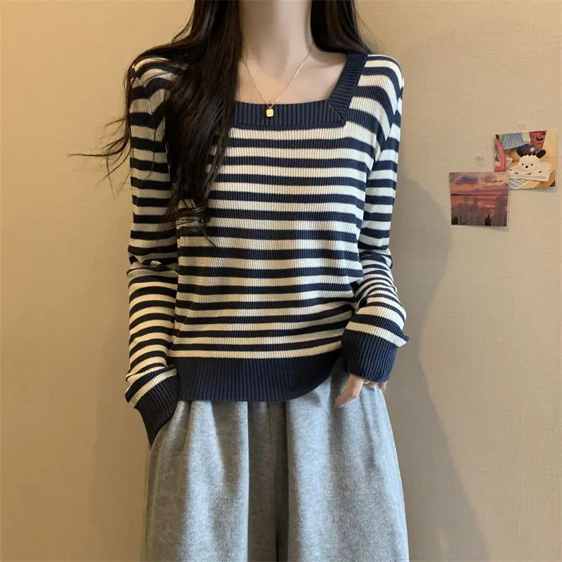 

Korean Square Collar Sweaters Women's Clothing Fashion Spliced Autumn Winter Striped Casual Contrasting Colors Knitted Jumpers