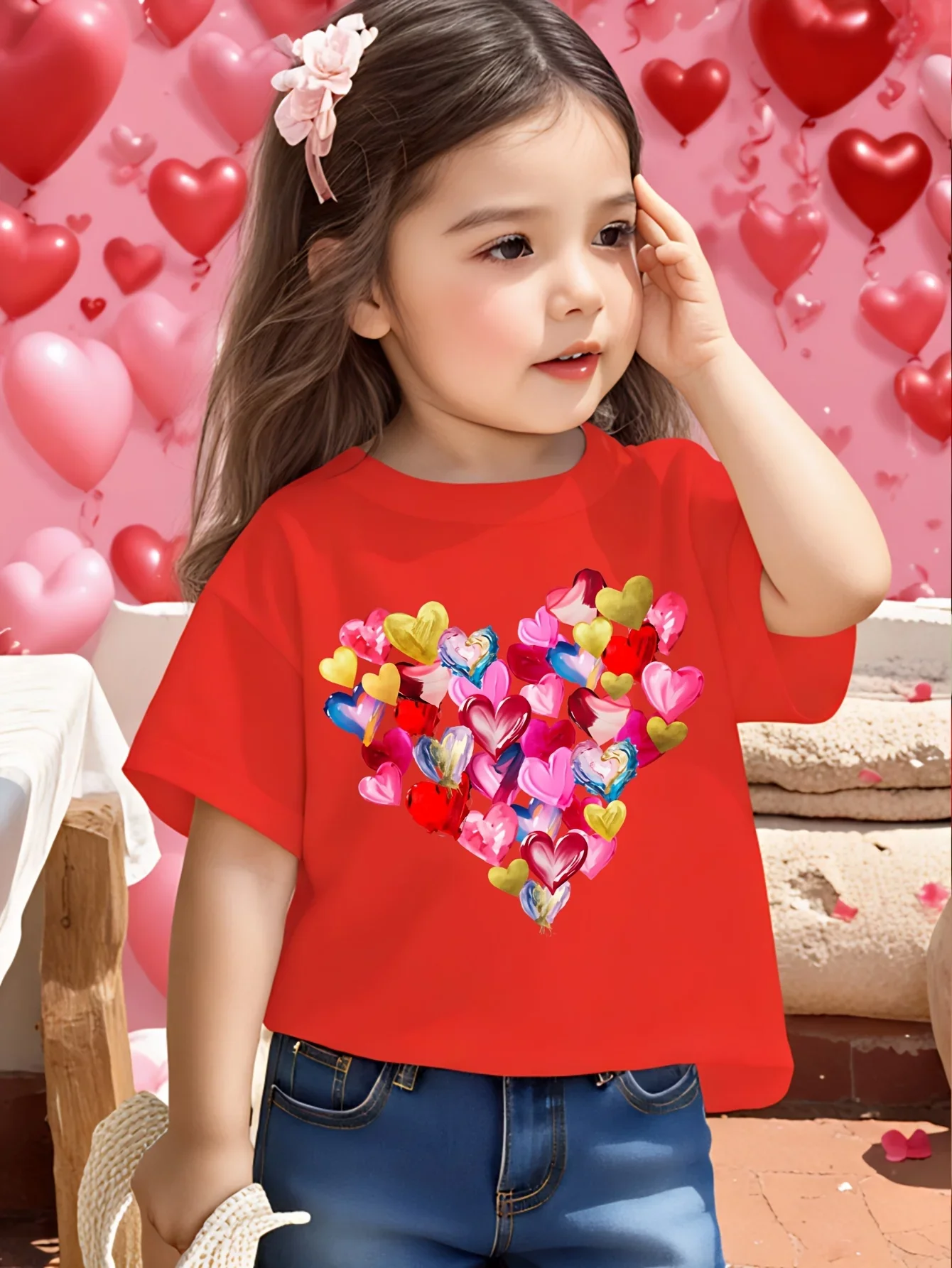 Girls Colorful Heart Cluster Graphic T Shirt Multicolored Balloon Hearts Print Short Sleeve Kids Valentines Casual Top