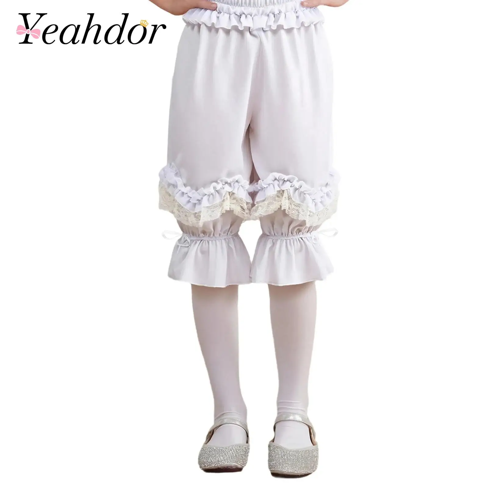 

Kids Girls Bloomers Victorian Pants Elastic Waist Ruffle Lace Pantaloons for Renaissance Fancy Ball Dance Performance Costumes