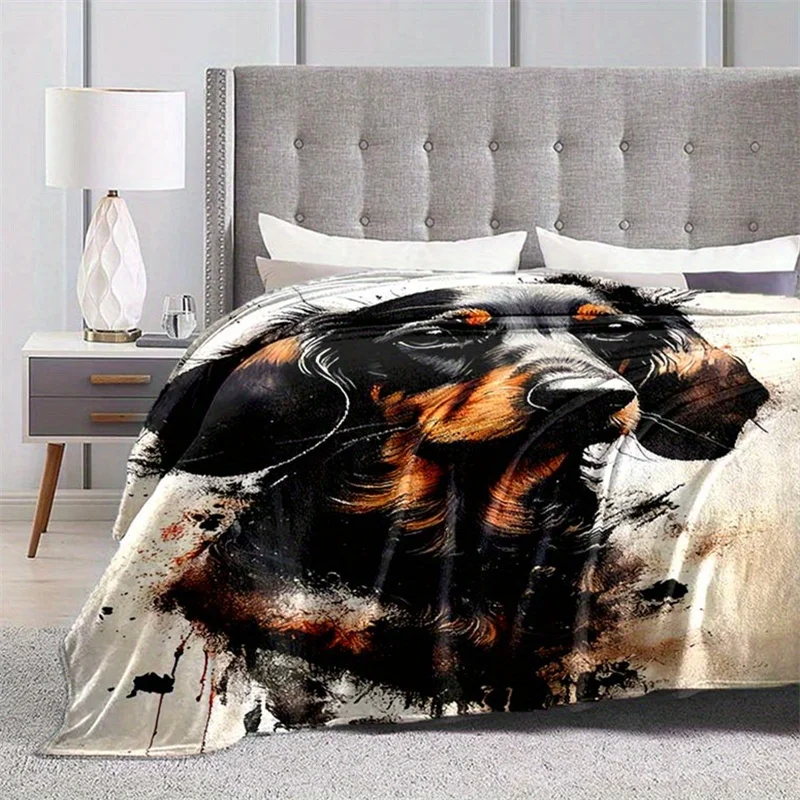 Art Splash Ink Style Long‑Haired Dachshund Lovely Pet Dog Portrait Pattern Flannel Fleece Blanket Warm Plush Bed for Living Room