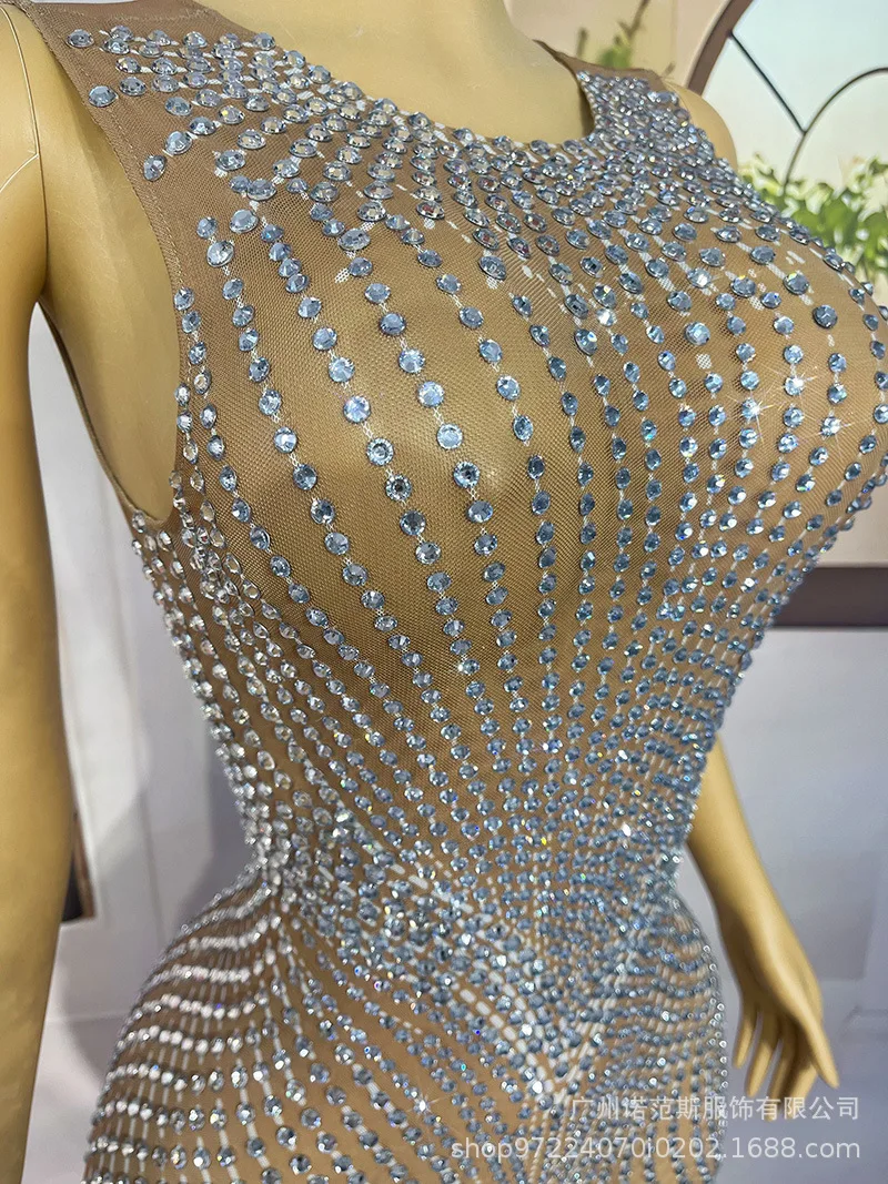 Premium Silver Rhinestone Sexy Fake Meat Dress Engagement Banquet High-end Banquet Host Evening Dress Bachelorette Party Dresses