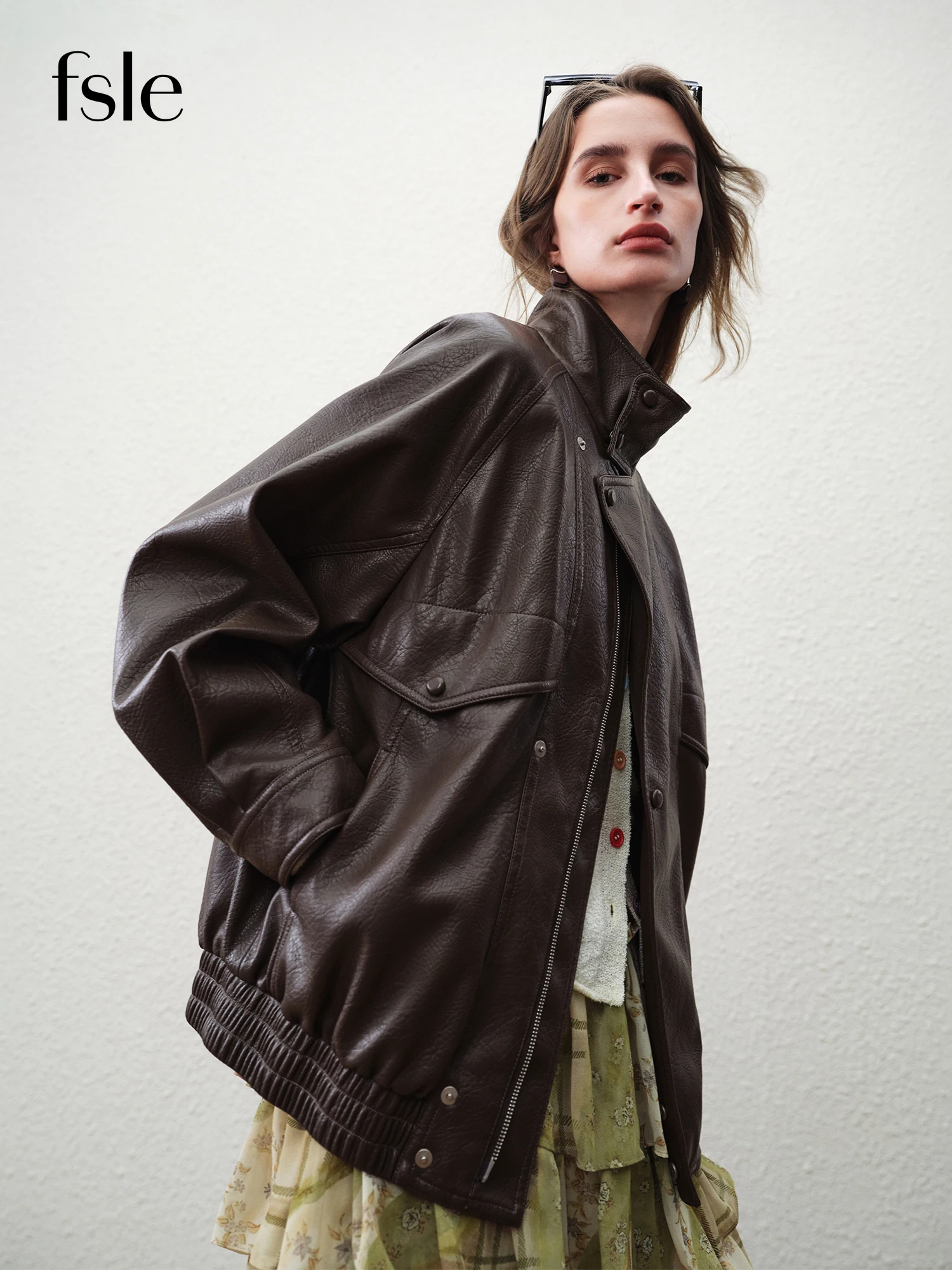 FSLE 【Premium Series】Solid Color Leather Jackets Women Brown Coat 2026 Spring New Arrival Trendy Streetwear Commuting