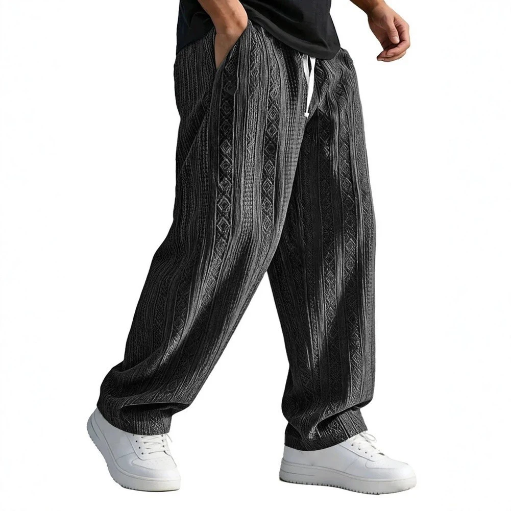 Men's Loose Jacquard Straight Wide-leg Pants Elastic Waist Trousers Sweatpants