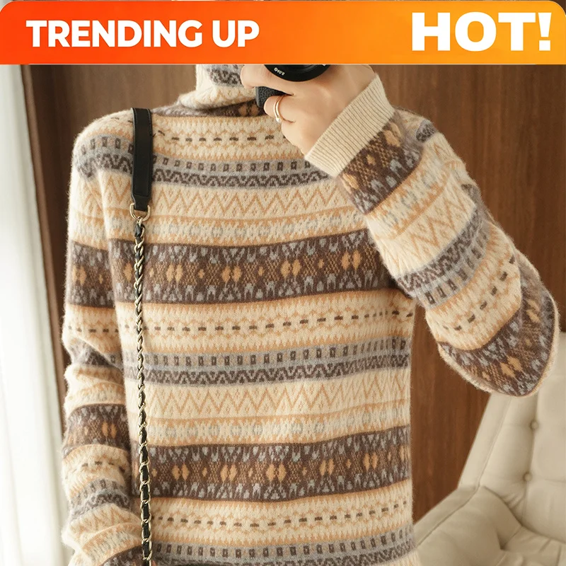 Customization Autumn And Winter New 100% Wool Cashmere Sweater Women's High Neck Pullover Casual Knitted Loose Korean Fashion Co