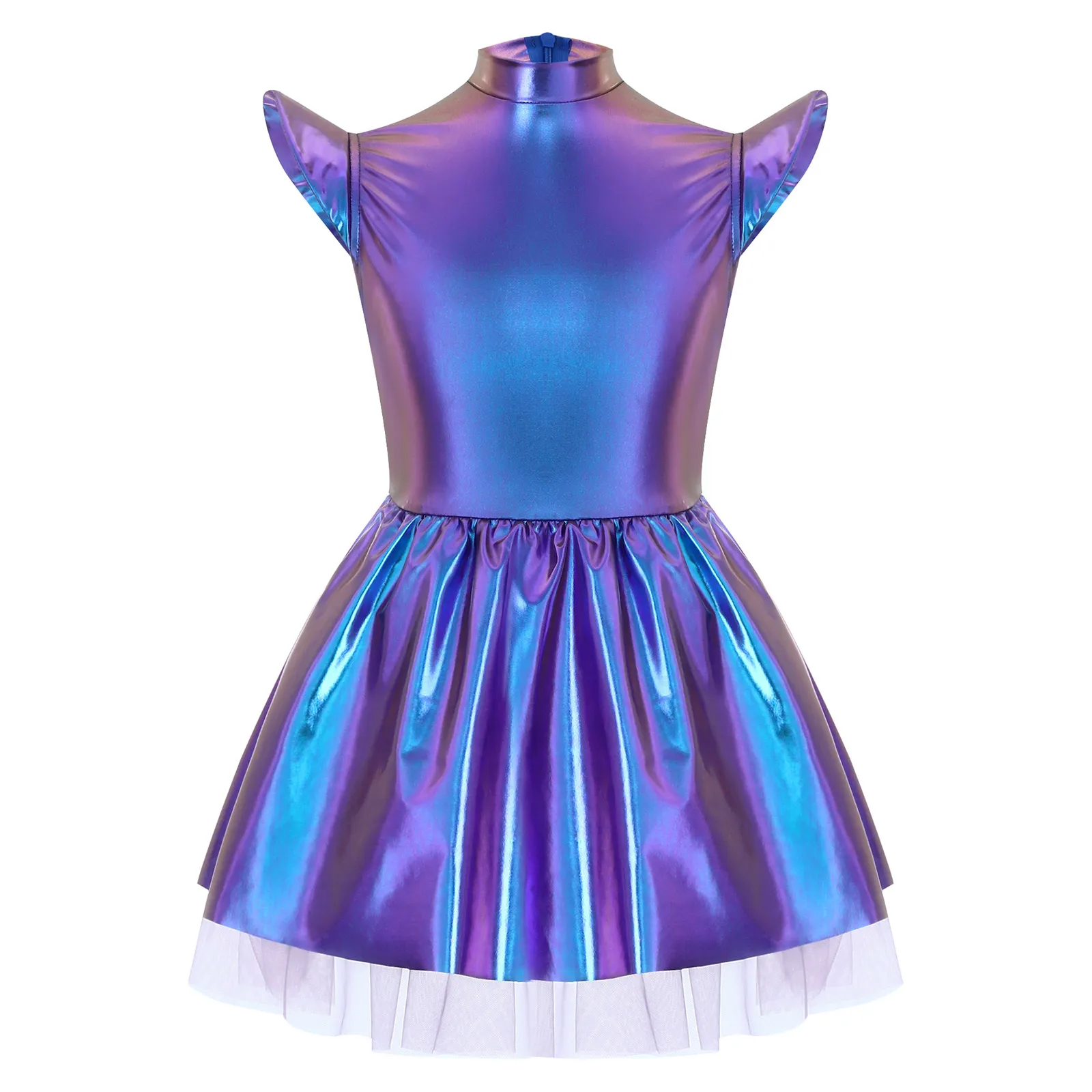 ชุดเดรสเด็กผู้หญิงธีมเอเลี่ยน แต่งกายแฟนซี ผ้ามันวาวสีรุ้ง คอเต่า แขนบานระบาย กระโปรงบัลเลต์ สำหรับงานปาร์ตี้และการแสดงบนเวที