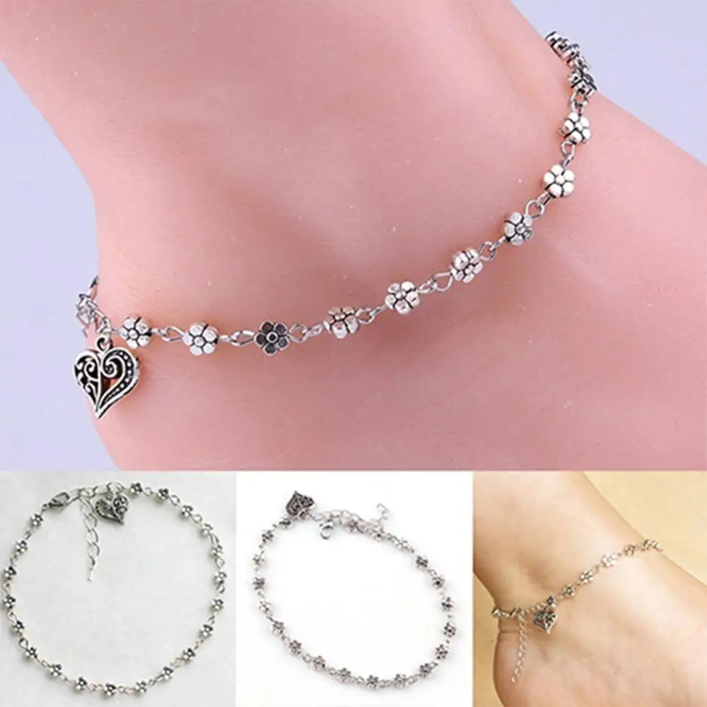 Vintage Retro Women's Anklet Heart Flowers Barefoot Sandal Beach Anklet Thin Chain Foot Jewelry