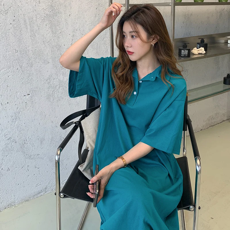   Kragen Casual Loose ort Sve Dr Ele Lady Sle Print A-Line Sommer Dr Polyesterfaser Mid-Slee Midi Dr