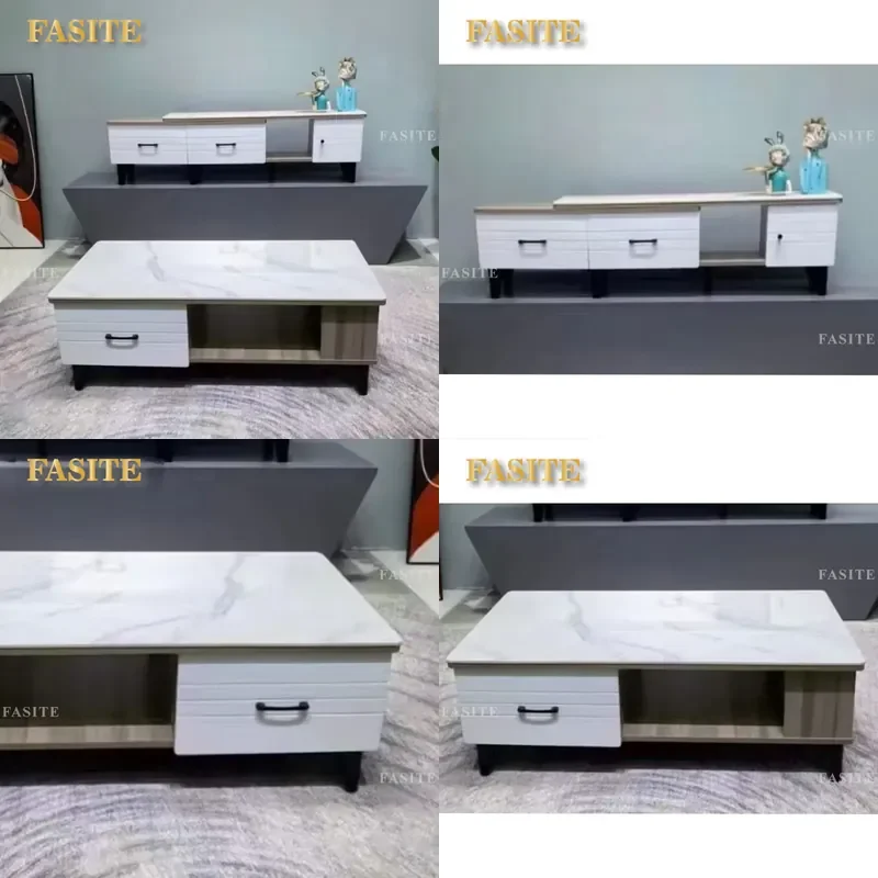 For Modern Living Room Wooden Center Table White Marble Slate Top Coffee Table and TV Stand Set Sitting Room Furniture