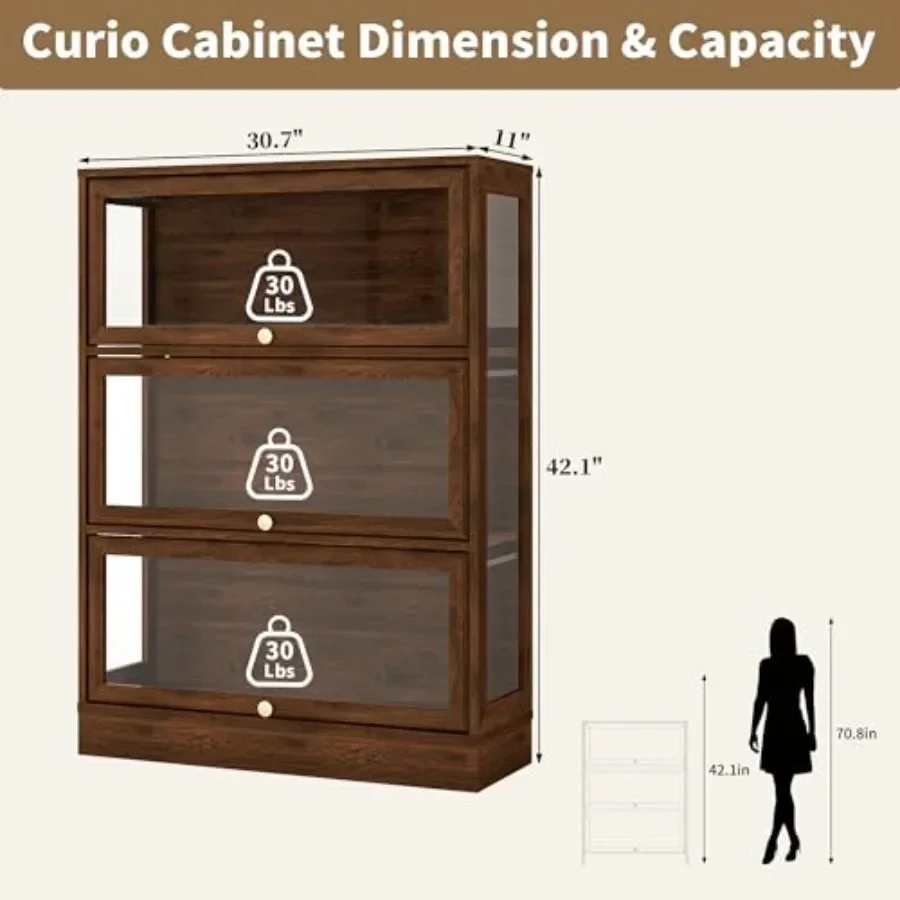 Display Cabinet for Collectibles and Toys: Acrylic Glass Doors, 3-tier Curio Cabinet with LED Lighting, White Finish, Space-sav