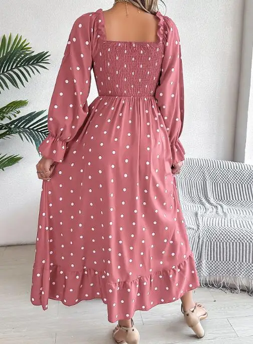 

Autumn 2025 Square Neck Polka Dot Printed Long Skirt for Women, Elegant and Casual Slim Fit A-Line Pleated Long Sleeved Dress